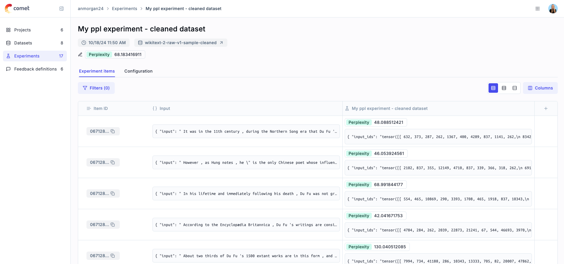 A screenshot of a dashboard in Comet's Opik displaying the calculation of perplexity across various dataset items, as well as the dataset as a whole.